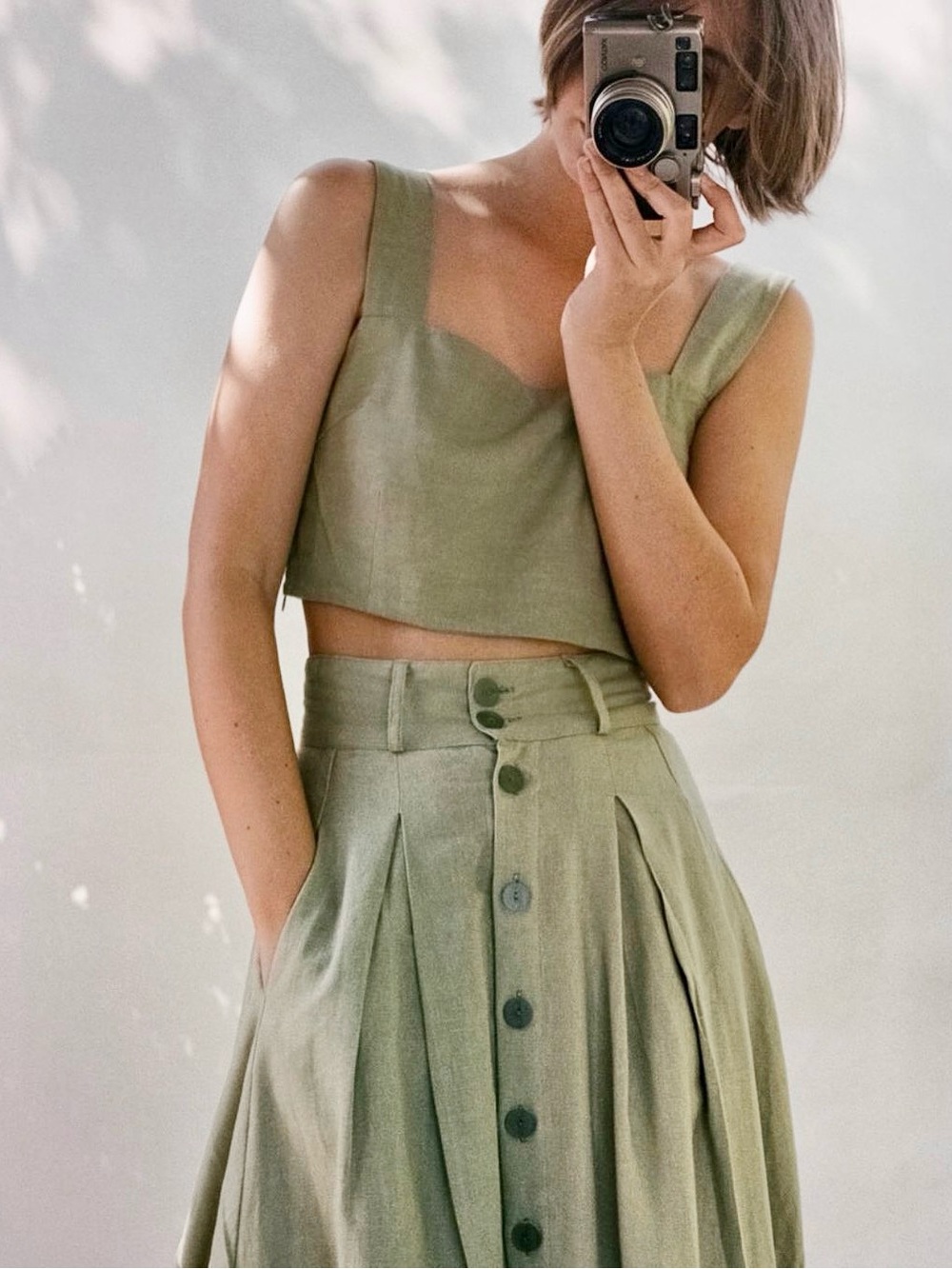 ALL THAT REMAINS Linen Una Top + Faye Midi Skirt SET in Sage Green